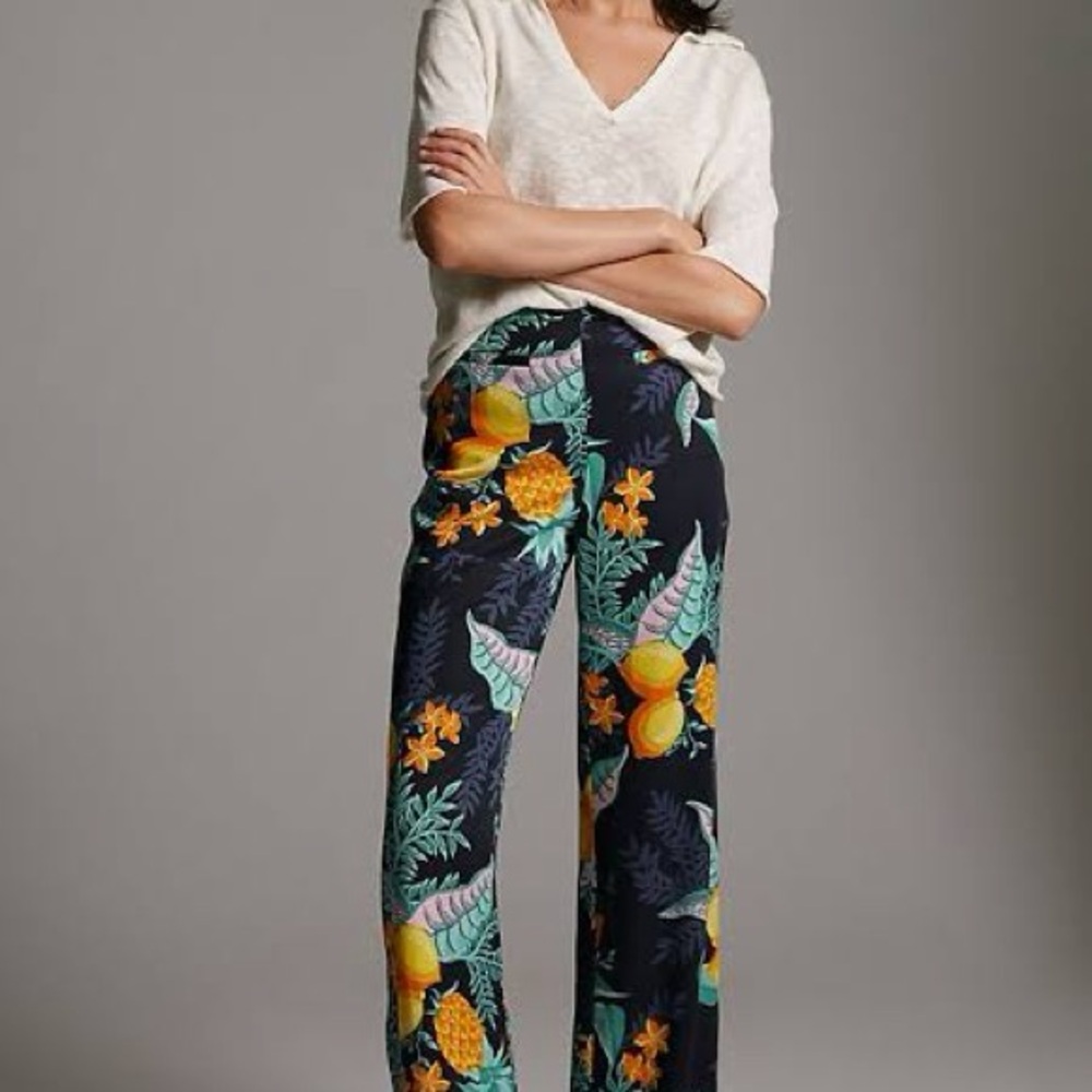 Maeve by Anthropologie - Navy Wide-Leg Pants with Yellow & Green Tropical Print